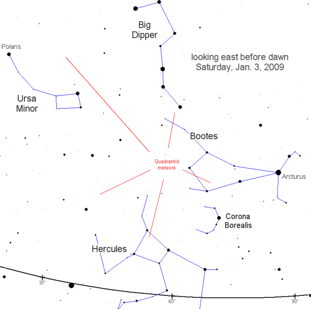 Mưa sao băng Quadrantids, Màn pháo hoa đầu năm đến ngôi sao chổi Shattered - skymap north quadrantids 1 / Thiên văn học Đà Nẵng