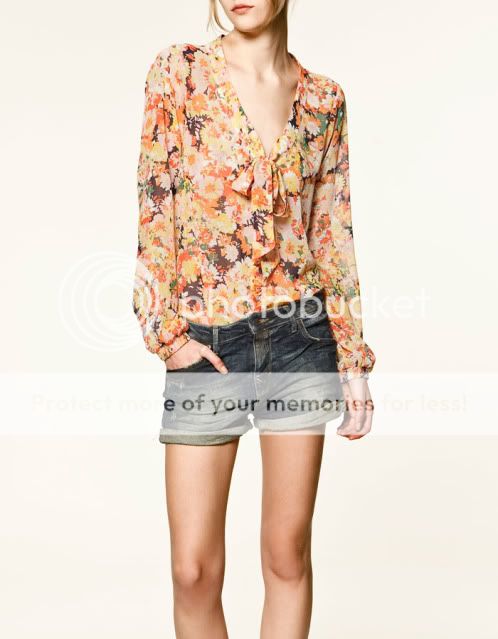 2012 NEW SPRING ZARA COLLECTION SHEER FLORAL PRINT BOW SHIRT BLOUSE 