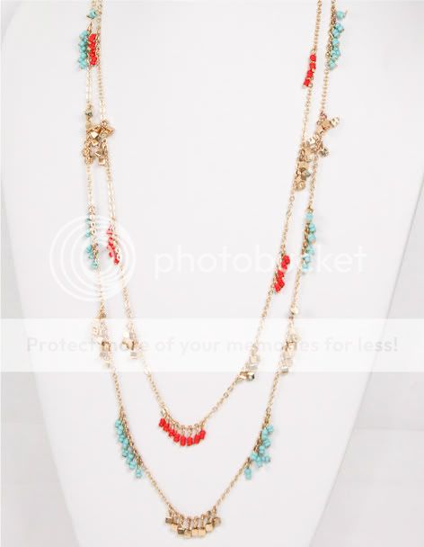   TURQUOISE & CORAL Multi Strand Long BEADED Gold Charm Necklace  